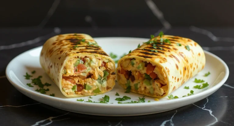 Mexican Chicken Burrito Recipe with grilled tortilla, chicken, peppers, and fresh herbs on a white plate