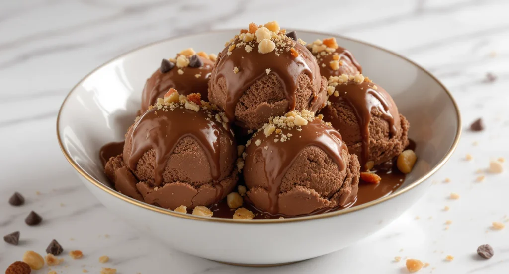 Nutella chocolate ice cream recipe served in scoops with chocolate drizzle and crushed nuts.