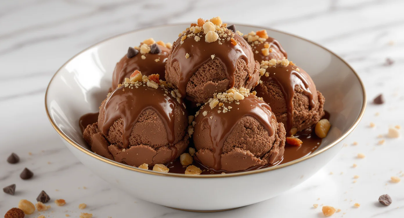 Nutella chocolate ice cream recipe served in scoops with chocolate drizzle and crushed nuts.