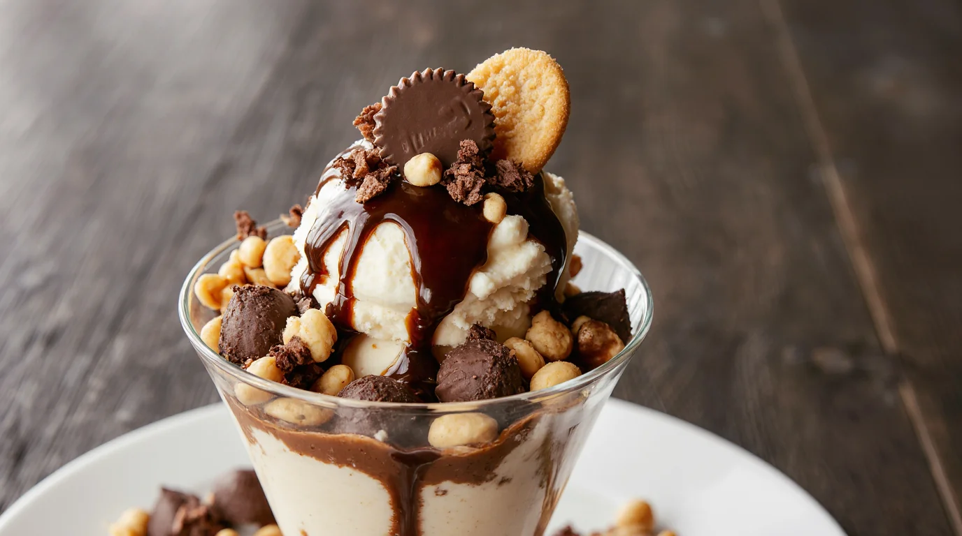 Peanut Butter Cup Sundae topped with chocolate drizzle, cookies, and peanuts.