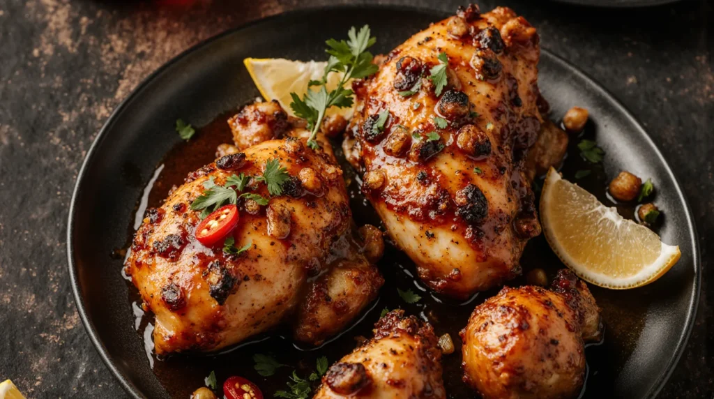 Juicy grilled chicken served with lemon wedges and herbs – Peri Peri Chicken Recipe.