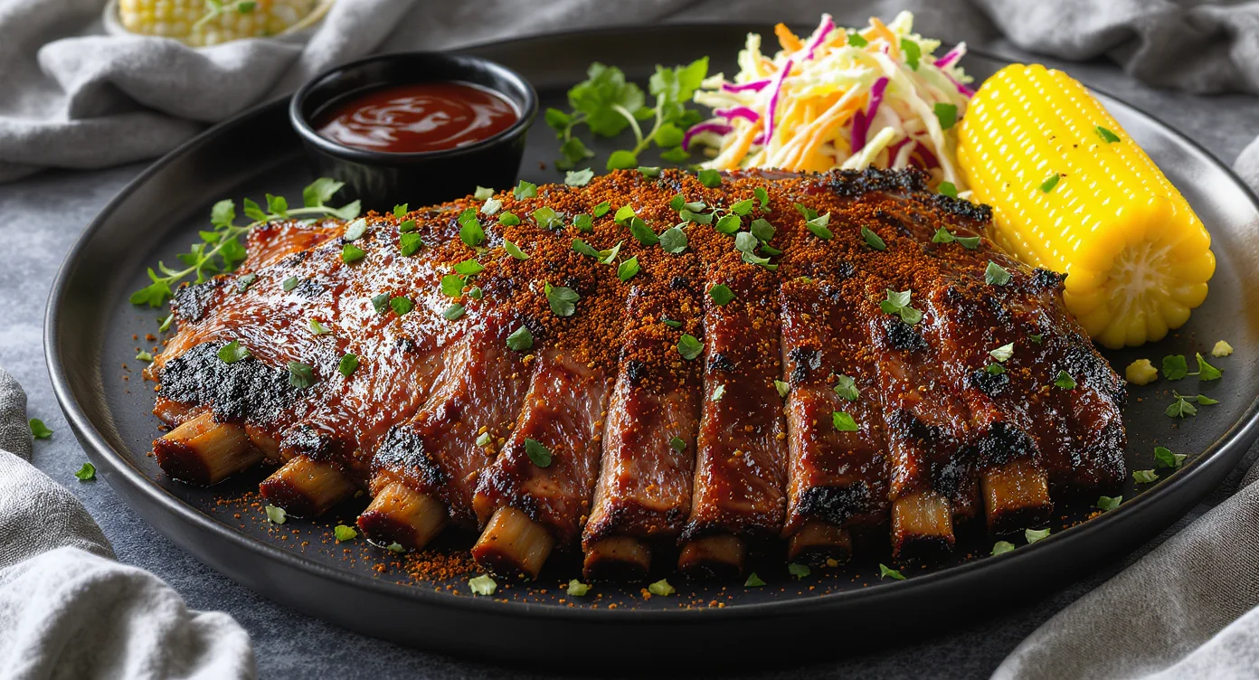 Smoked Beef Back Ribs Recipe served with barbecue sauce, corn, and slaw