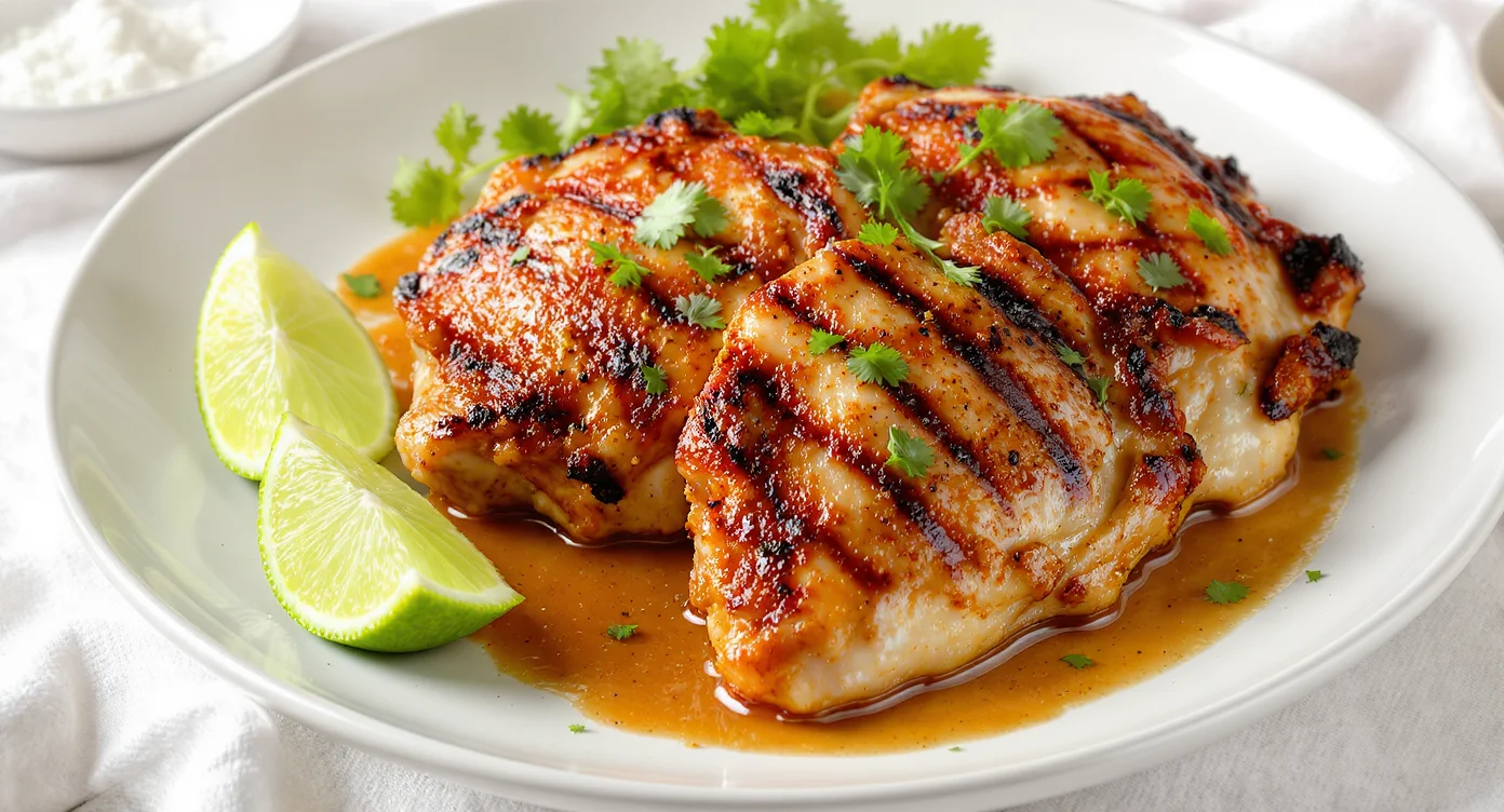 Tequila Lime Chicken Thigh Recipe with grilled chicken, fresh lime wedges, and cilantro on a white plate