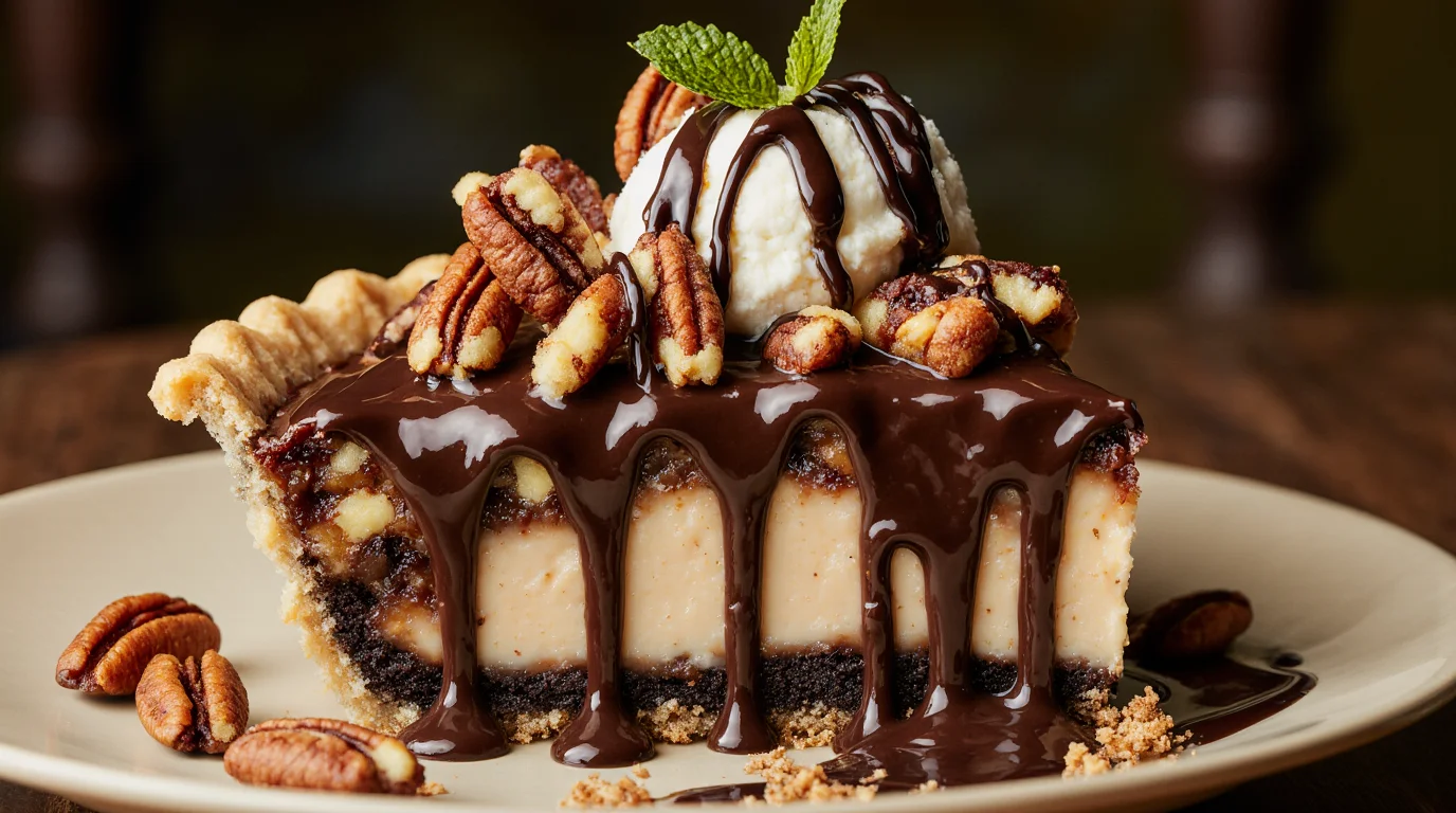 Slice of Texas Chocolate Pecan Pie Recipe topped with vanilla ice cream, chocolate drizzle, and pecans.