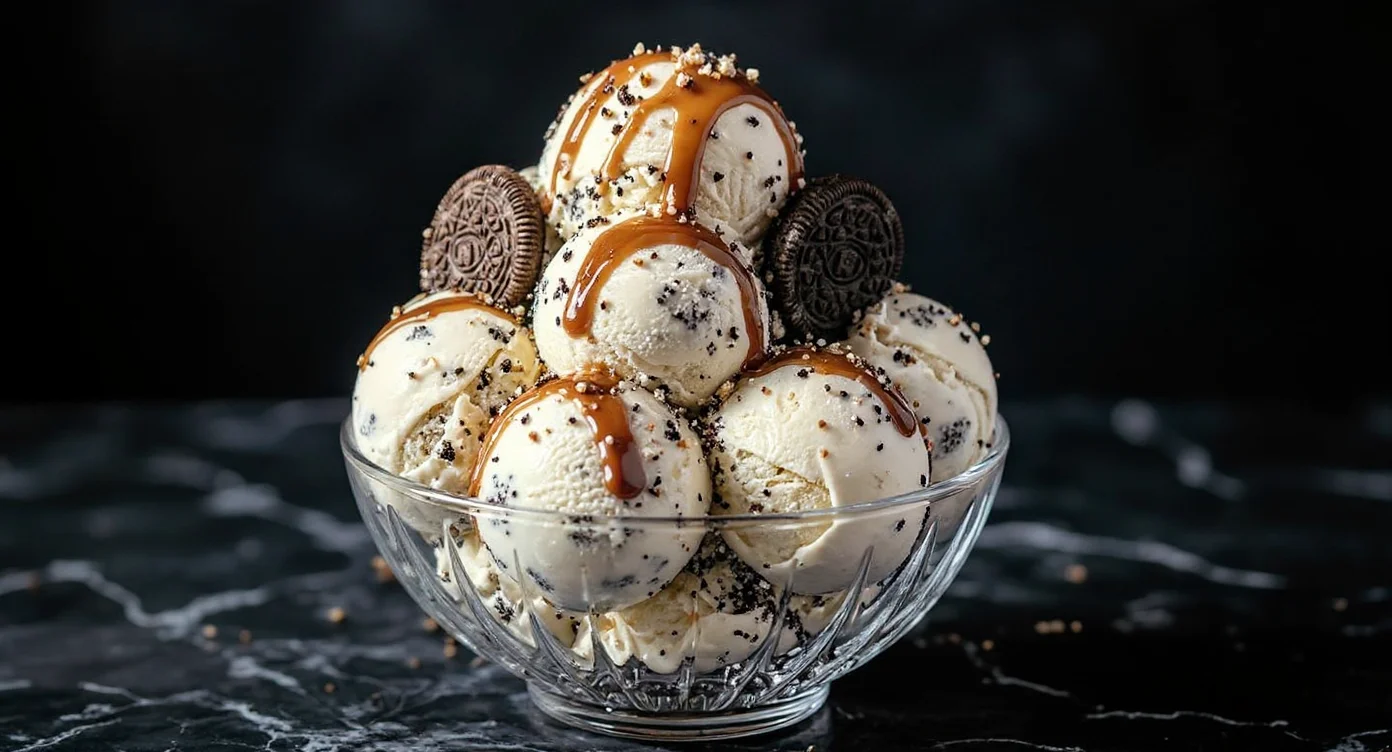 Bowl of creamy Vanilla Oreo Ice Cream Recipe topped with caramel sauce and Oreo cookies.