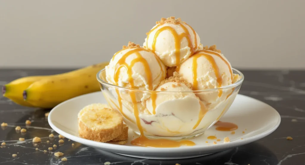 Banana Pudding Ice Cream Recipe featuring vanilla ice cream scoops, banana slices, and caramel sauce in a bowl