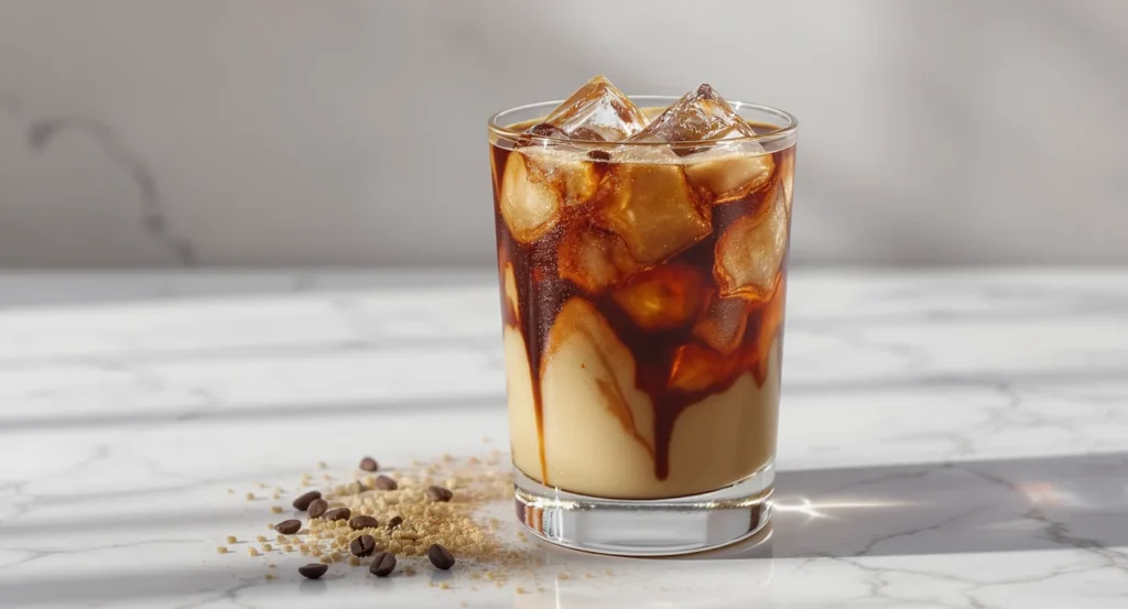 Easy Thai Iced Coffee Recipe in a glass with ice cubes and creamy coffee swirl.