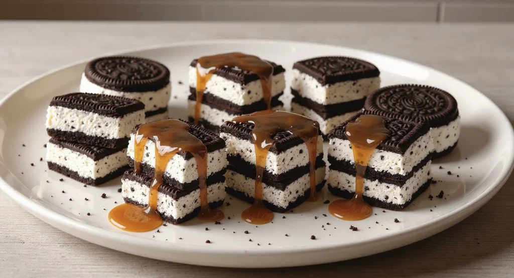 Homemade Oreo Ice Cream Sandwich Recipe drizzled with caramel sauce