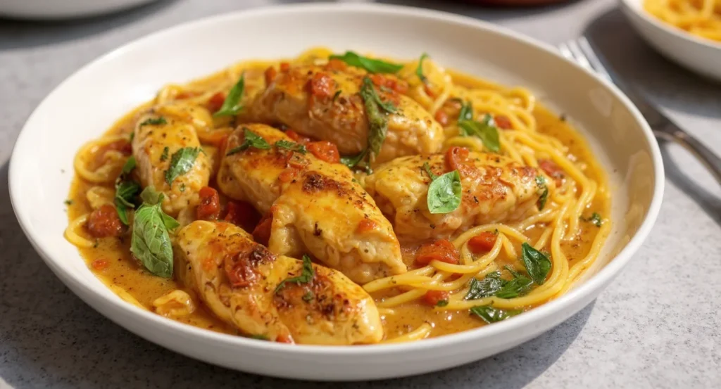 Creamy Marry Me Chicken Pasta Recipe with seared chicken, spaghetti, and fresh basil