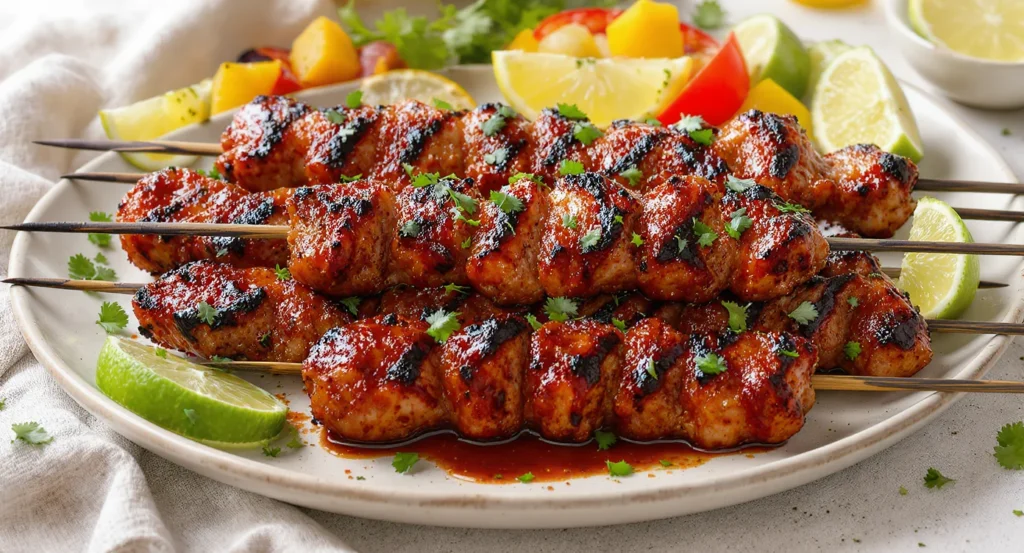 Grilled Mexican Barbecue Chicken Skewers with vibrant seasoning and lime.