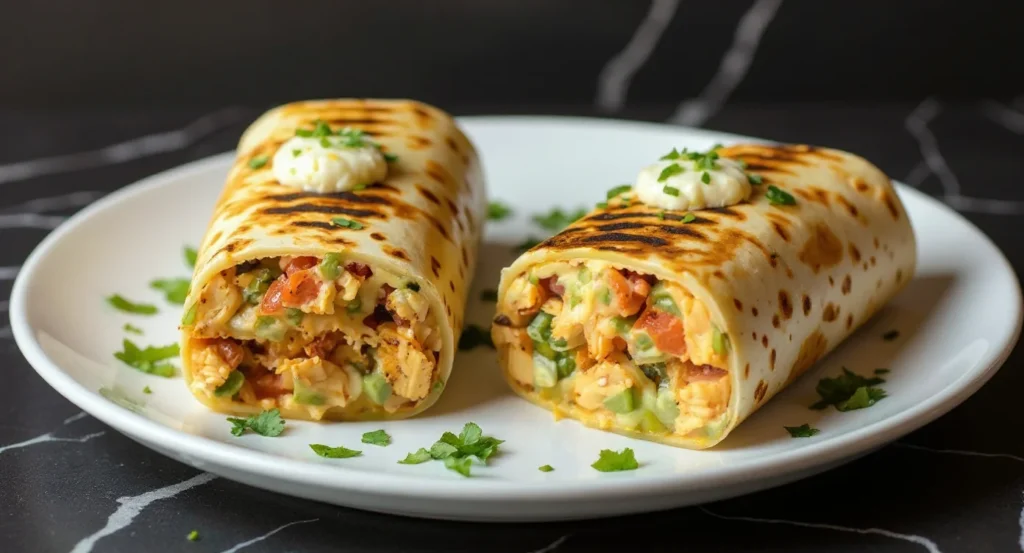 Mexican Chicken Burrito Recipe with melted cheese, grilled chicken, and fresh vegetables cut in half on a plate