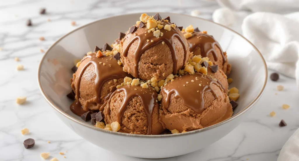 Nutella chocolate ice cream recipe with scoops topped in chocolate sauce and chopped nuts.