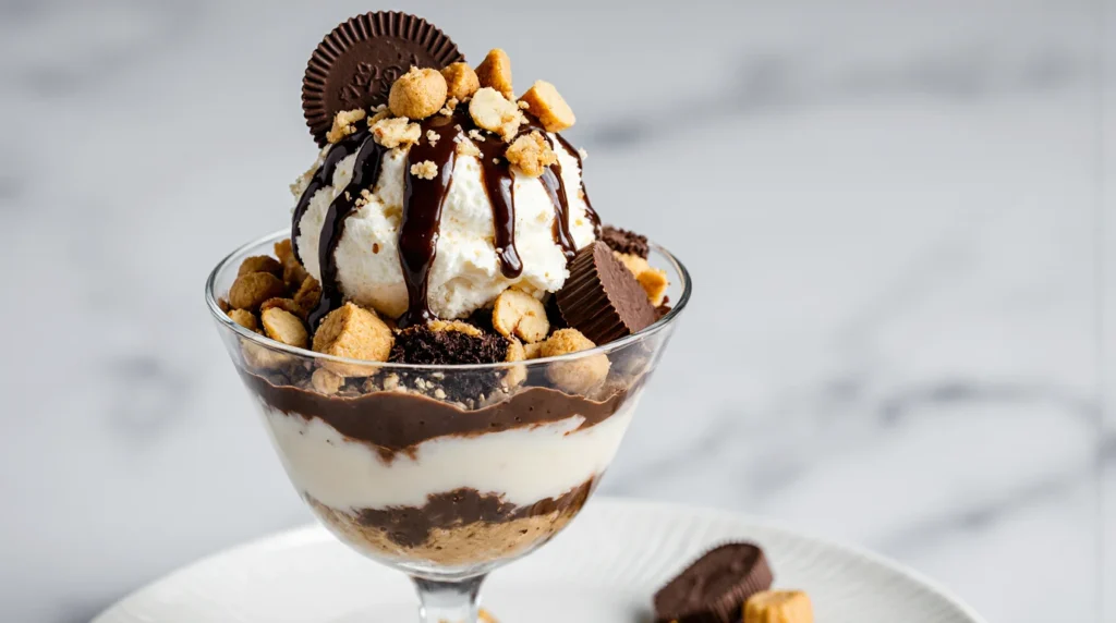 Peanut Butter Cup Sundae with vanilla ice cream, peanut butter candies, and chocolate sauce.