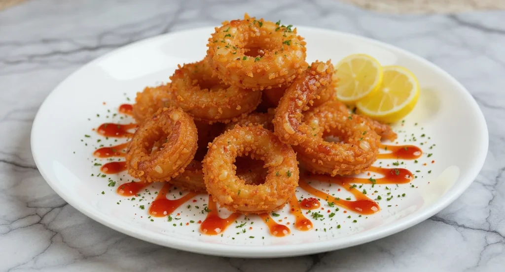 Crispy golden rings from a Restaurant-Style Fried Calamari Recipe with lemon garnish.
