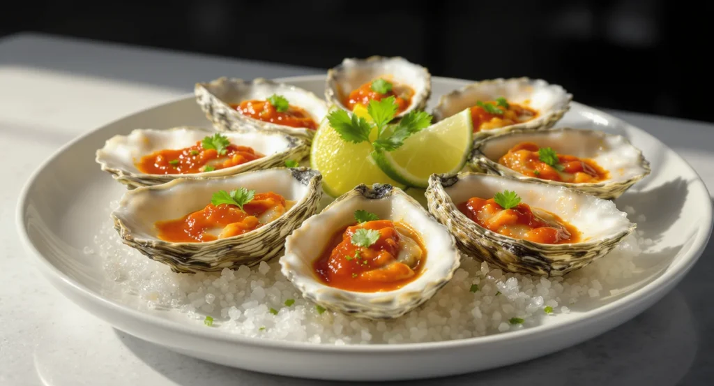 Plated Sriracha Lime Broiled Oyster Recipe with lime wedges and cilantro on coarse sea salt.