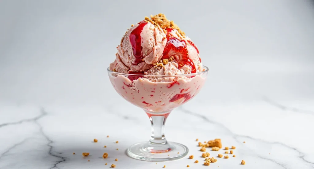 Glass bowl filled with Strawberry Cheesecake Ice Cream, topped with strawberry sauce and graham cracker chunks