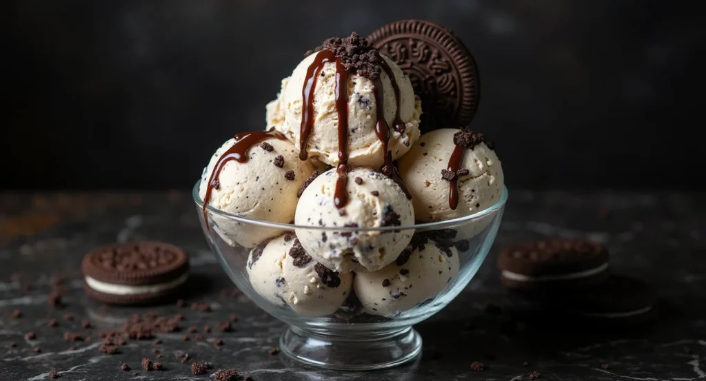 Vanilla Oreo Ice Cream Recipe served in a glass bowl with crushed cookies and chocolate sauce drizzle.