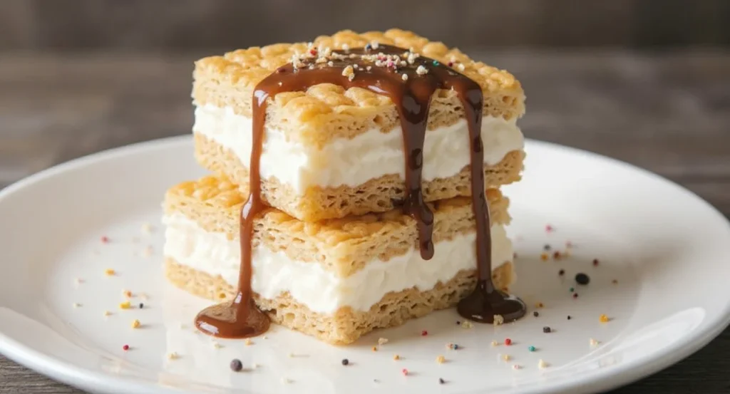 Rice krispie ice cream sandwich stacked and topped with chocolate drizzle and sprinkles.