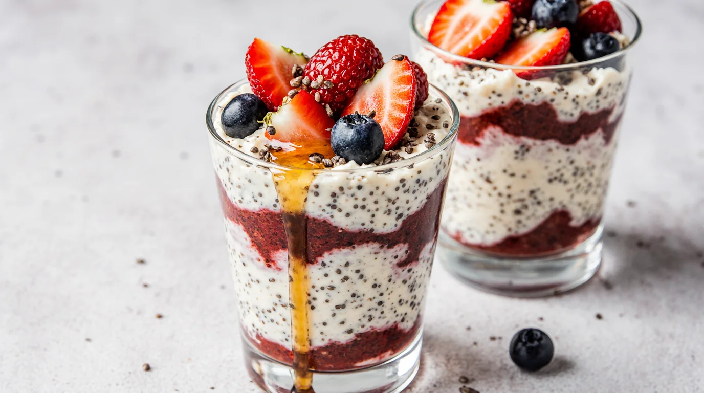 Greek Yogurt Chia Protein Pudding layered with berries and drizzled with honey in a glass.