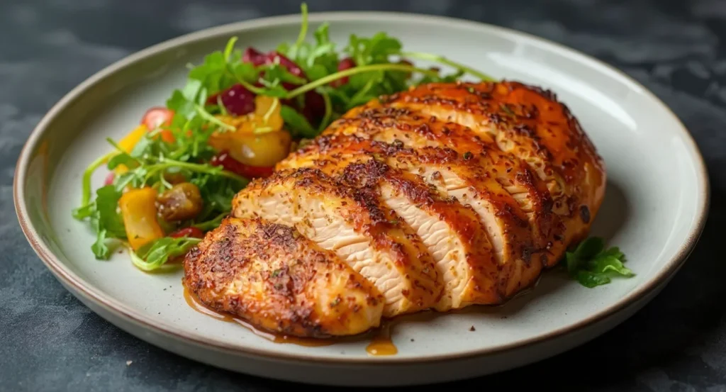 Juicy Smoked Chicken Breast Recipe with herb crust, paired with a vibrant salad on a ceramic plate.