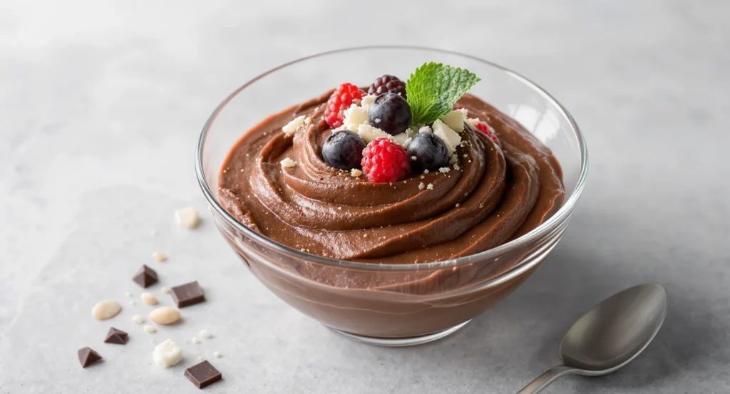 3 Ingredient Cottage Cheese Chocolate Mousse topped with fresh berries and mint
