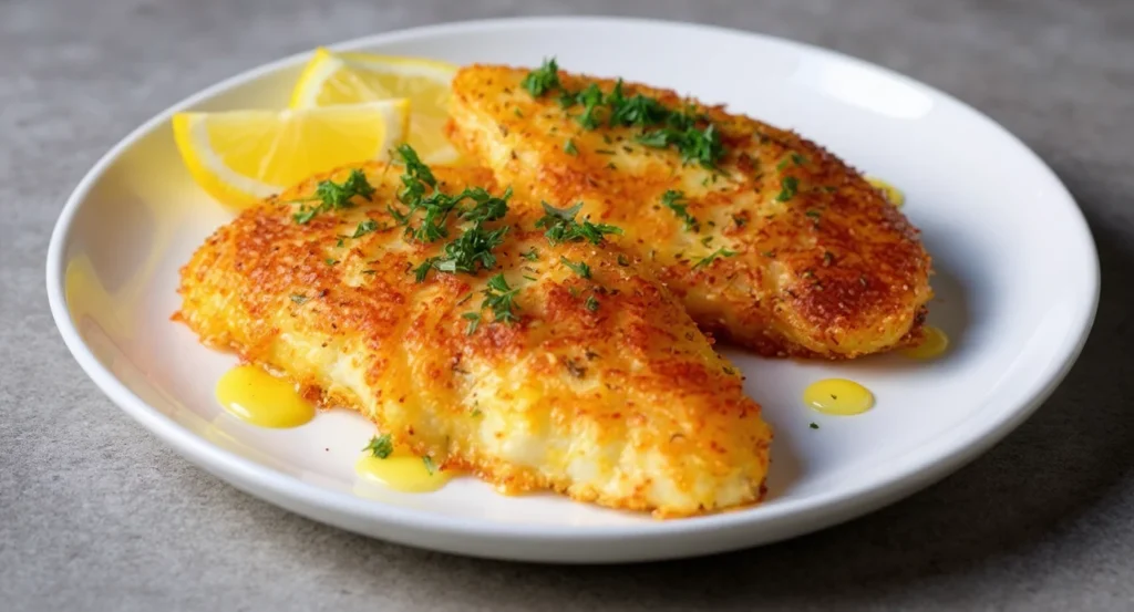Air Fryer Tilapia Fillets Recipe with crispy golden coating, garnished with fresh herbs and lemon slices on a white plate