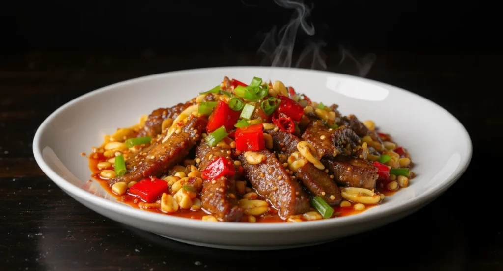Authentic Kung Pao Beef Recipe with tender beef strips, spicy red peppers, crunchy peanuts, and savory sauce.