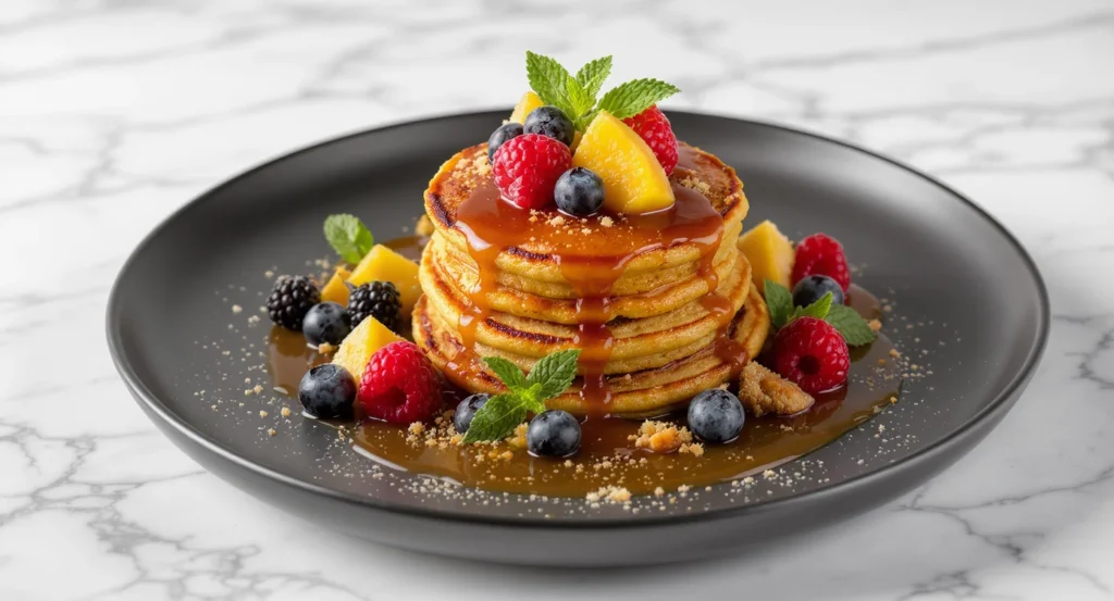 Authentic Mexican Pancake Recipe with berries, pineapple, and caramel drizzle on marble table