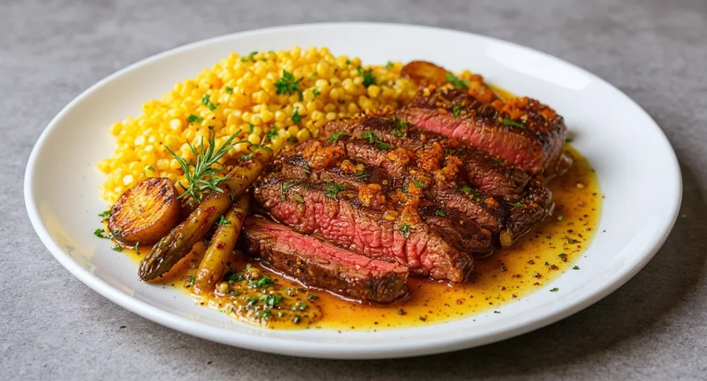 Best Picanha Steak Recipe sliced medium rare with garlic butter sauce, roasted vegetables, and golden couscous on a white plate.