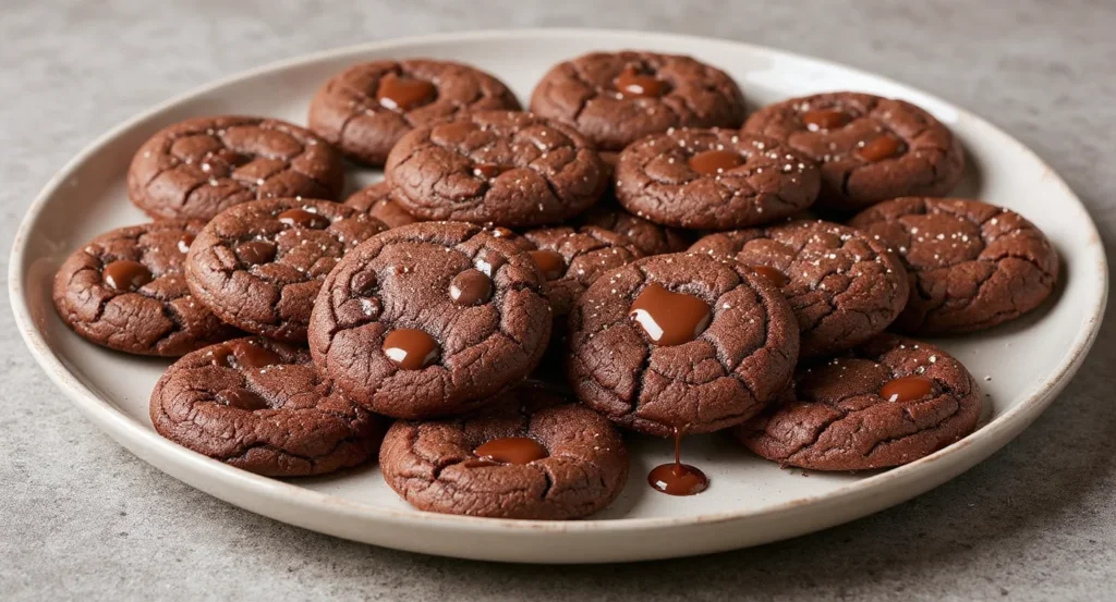 Soft and chewy Double Chunk Chocolate Cookie Recipe topped with melted chocolate chunks
