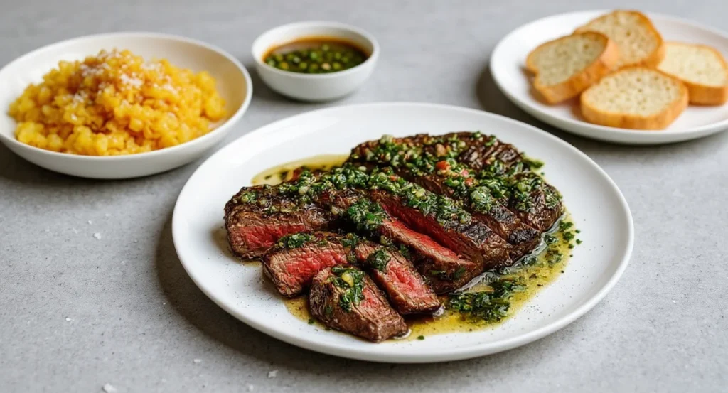 Easy Chimichurri Steak Recipe served with rice, sauce, and bread on a gray table.