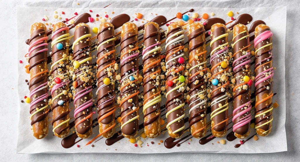 Easy Chocolate Covered Pretzels Recipe with colorful drizzles and candy toppings for a fun sweet treat