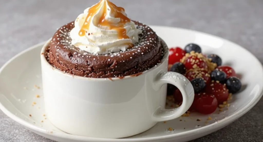 Easy Chocolate Mug Cake Recipe with whipped cream, caramel drizzle, and fresh berries on a plate