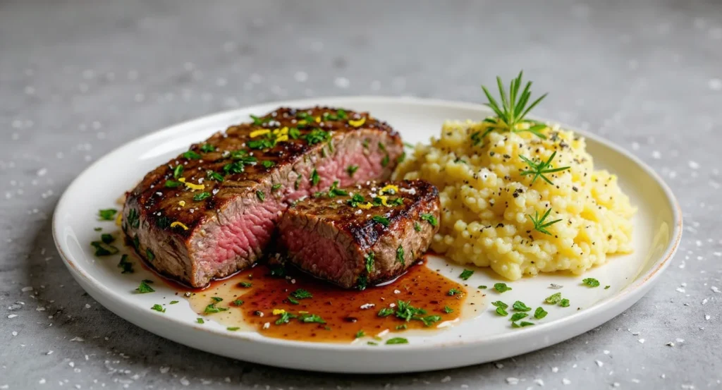 Easy Chuck Eye Steak Recipe with juicy grilled steak and mashed potatoes on a white plate.