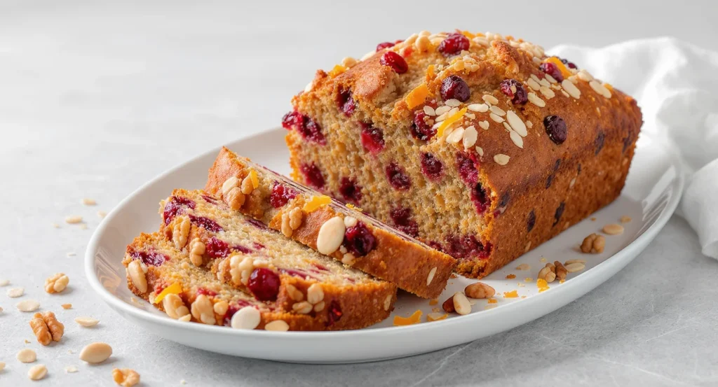 Easy Homemade Cranberry Bread Recipe with fresh cranberries and nuts served on a white plate
