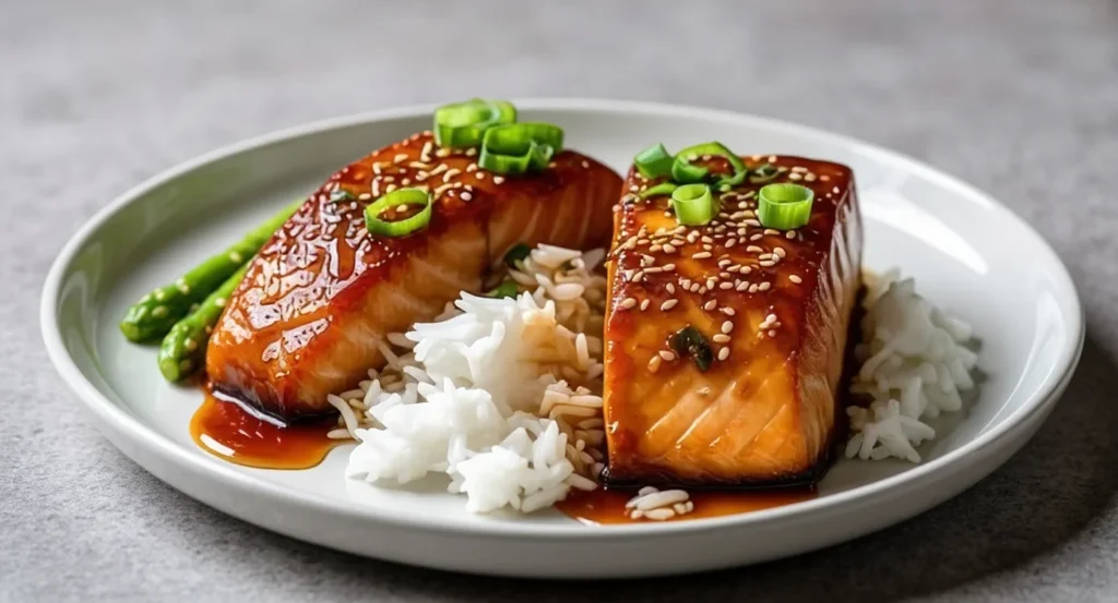 Easy Teriyaki Salmon Recipe with sesame seeds, green onions, steamed rice, and asparagus on a white plate.