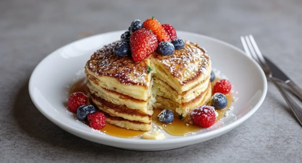 Easy cottage cheese pancakes recipe with fresh berries and maple syrup