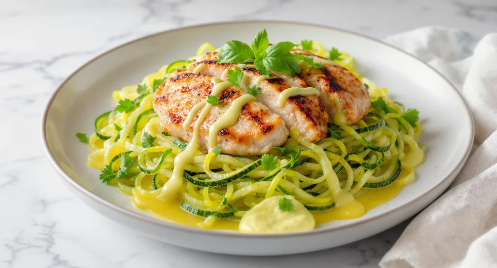 Healthy grilled chicken zucchini noodles drizzled with creamy Lemon juice sauce and garnished with herbs.