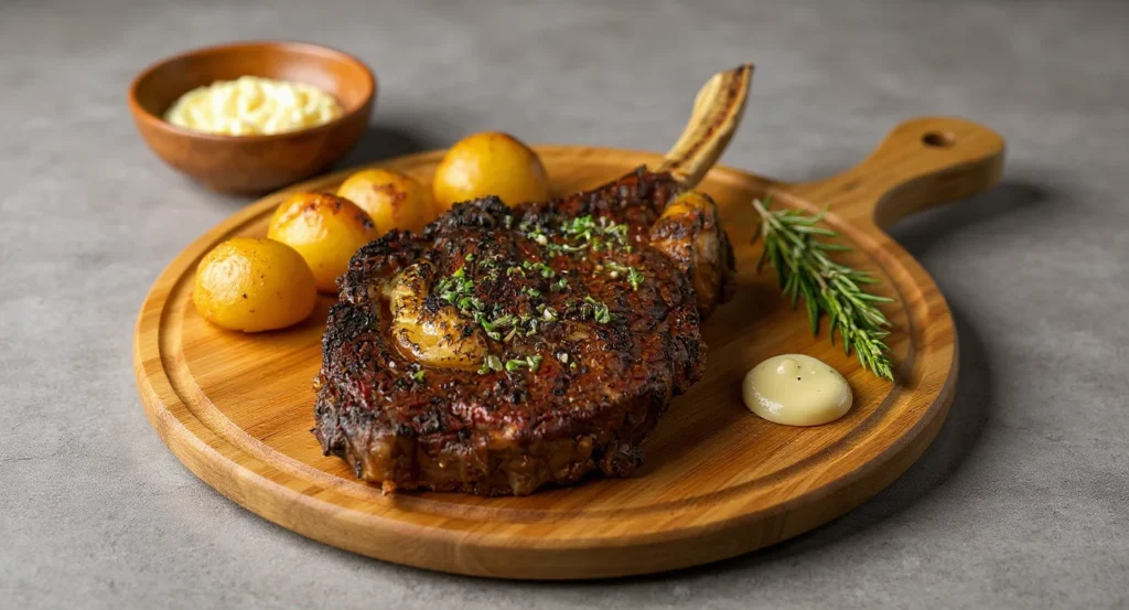 tomahawk steak juicy results Juicy Grilled Tomahawk Steak Recipe with roasted potatoes and herb garnish on a wooden board.