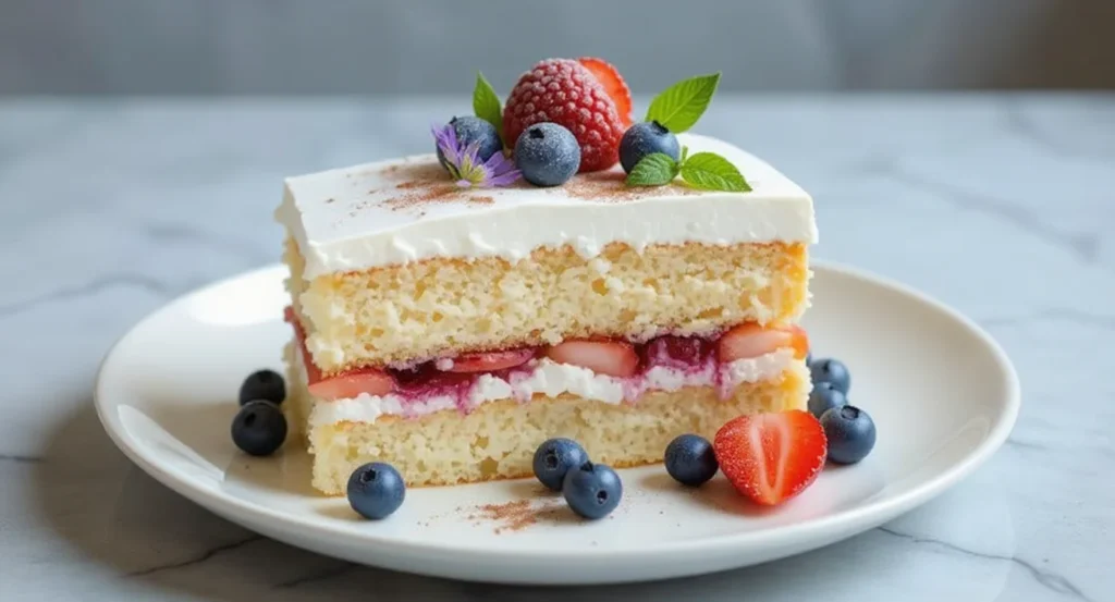 Slice of cake from Rosemary’s Bakery Whipped Cream Cake Recipe topped with berries and cream.