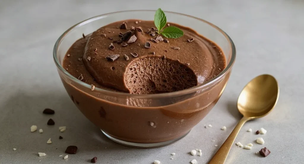 3 Ingredient Cottage Cheese Chocolate Mousse in a glass bowl with a gold spoon