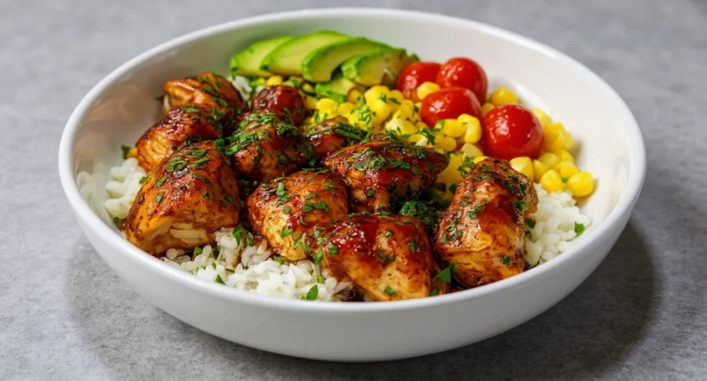chipotle chicken thighs Easy Chipotle Chicken Recipe bowl with rice, avocado, corn, and cherry tomatoes.