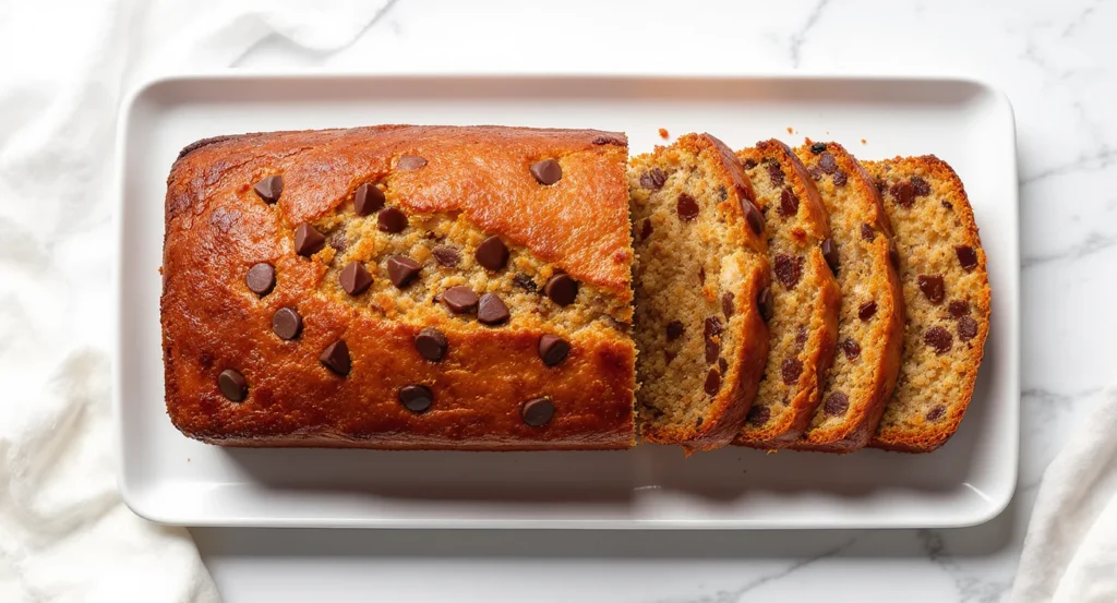 one bowl chocolate chip banana bread recipe Golden-brown Chocolate Chip Banana Bread Recipe with sliced pieces and rich chocolate chip topping on a white tray.