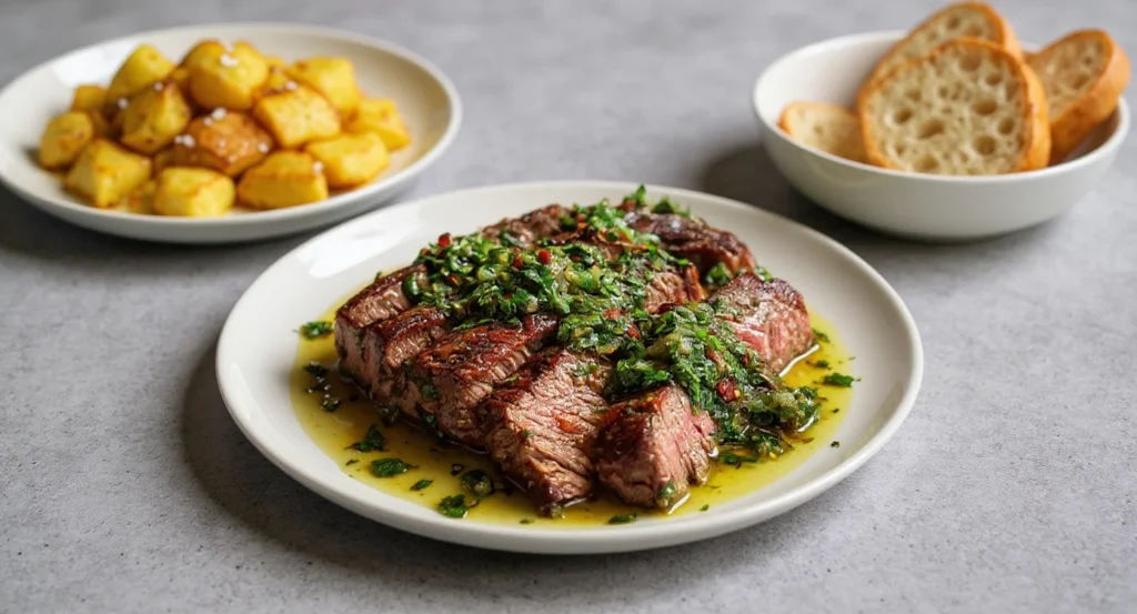 Easy Chimichurri Steak Recipe with sliced steak, fresh chimichurri sauce, and side dishes on a plate.