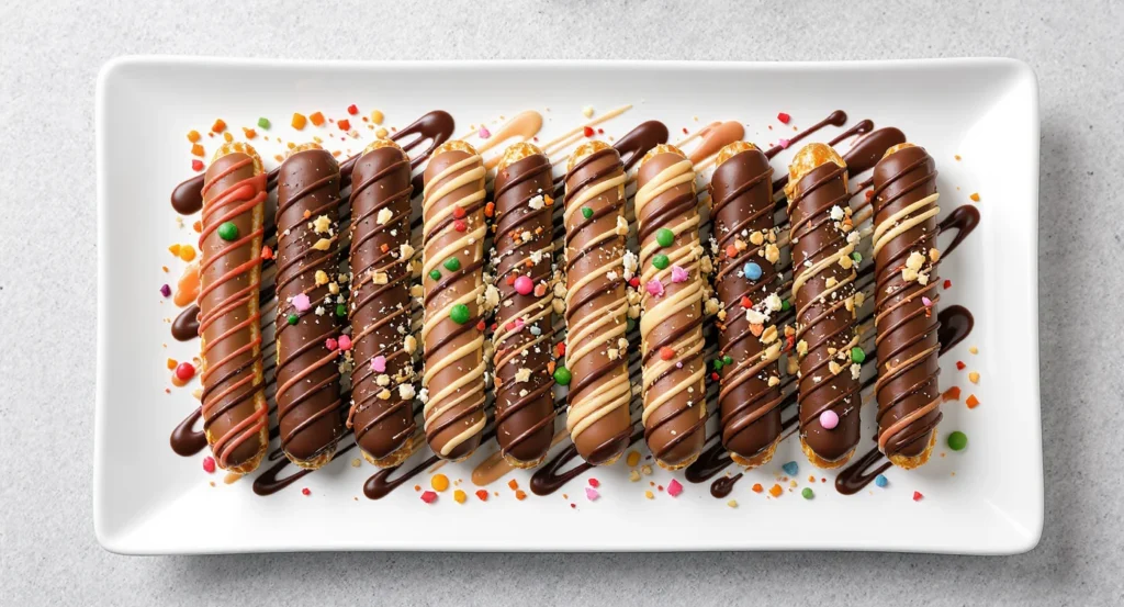 Easy Chocolate Covered Pretzels Recipe featuring pretzel rods dipped in chocolate and decorated with sprinkles and drizzle