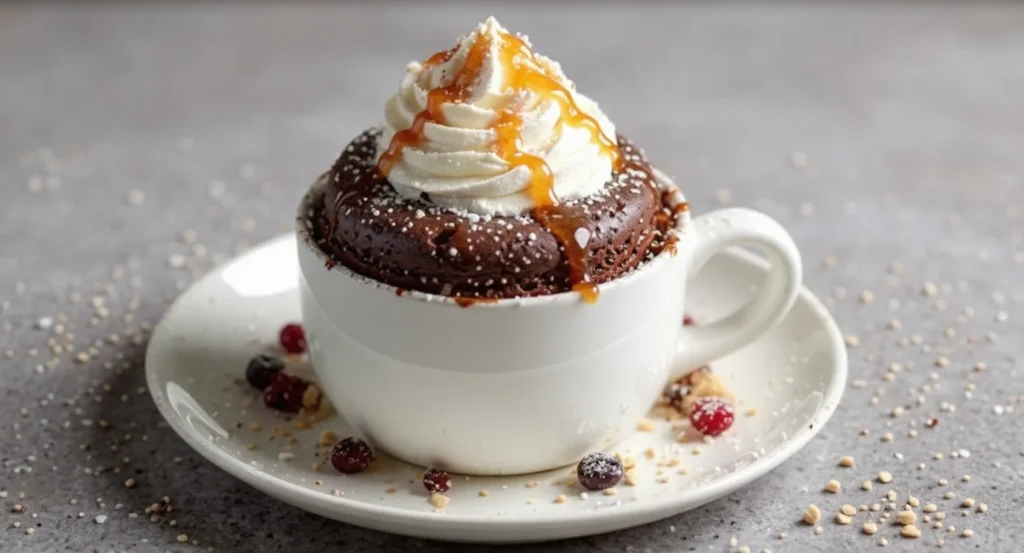 Easy Chocolate Mug Cake Recipe served in a mug with cream, caramel topping, and berries
