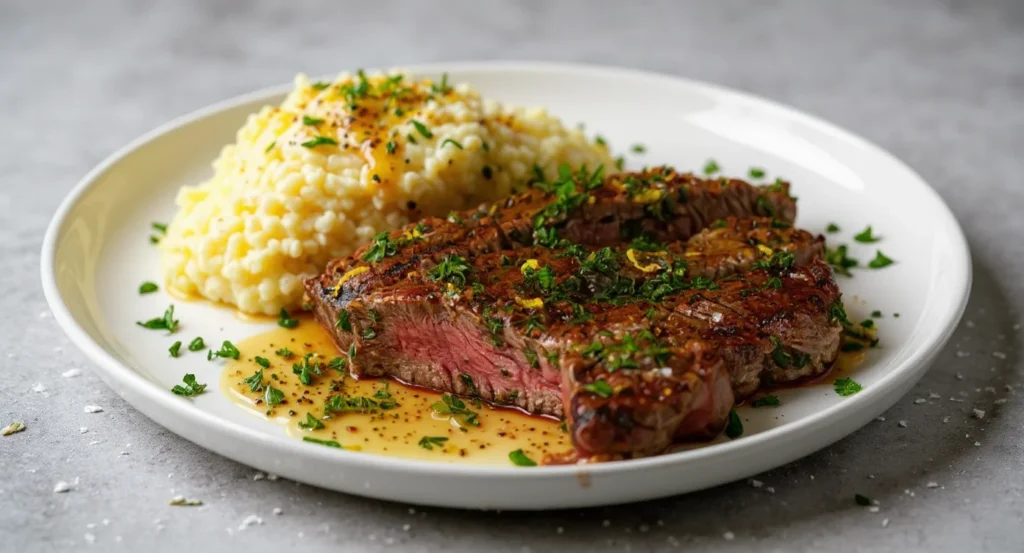 Delicious Easy Chuck Eye Steak Recipe paired with fluffy mashed potatoes and fresh herbs.