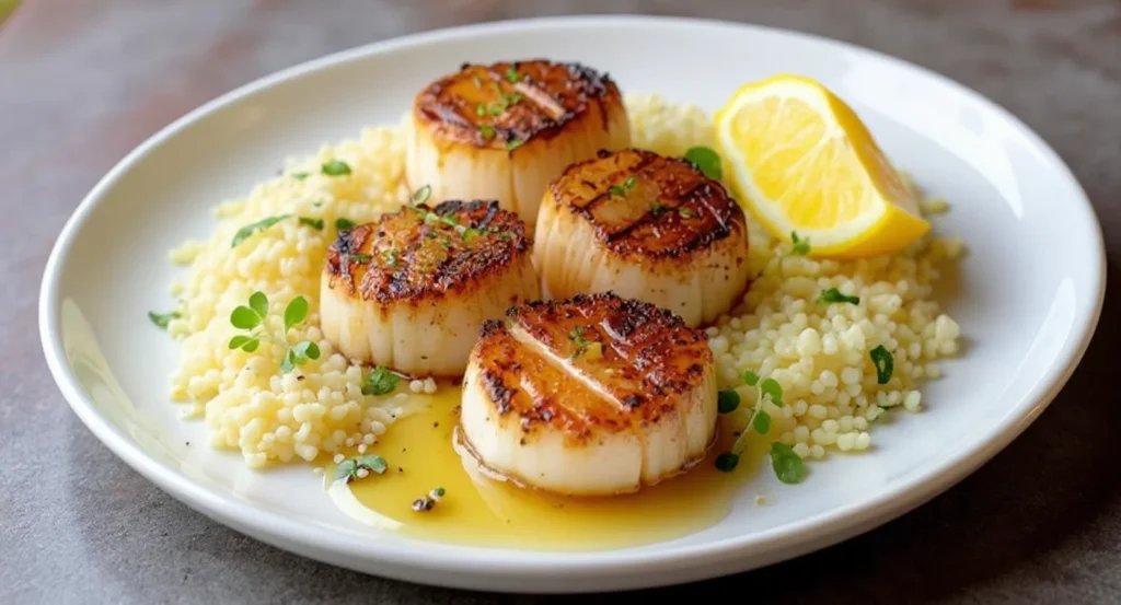 grilled scallops marinade Easy Grilled Scallops Recipe served with couscous, lemon, and butter sauce