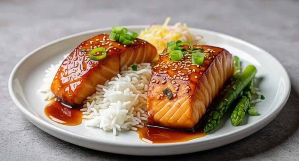 Easy Teriyaki Salmon Recipe featuring glazed salmon fillets with sesame seeds, fluffy rice, and fresh asparagus.