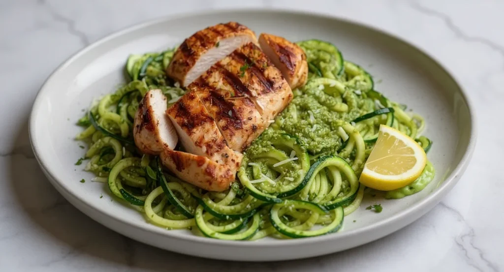 Healthy Grilled Chicken Zucchini Noodles served with lemon wedge and pesto sauce
